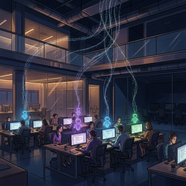 Employees using AI tools with data streams leaking upward — representing Agentic Leak