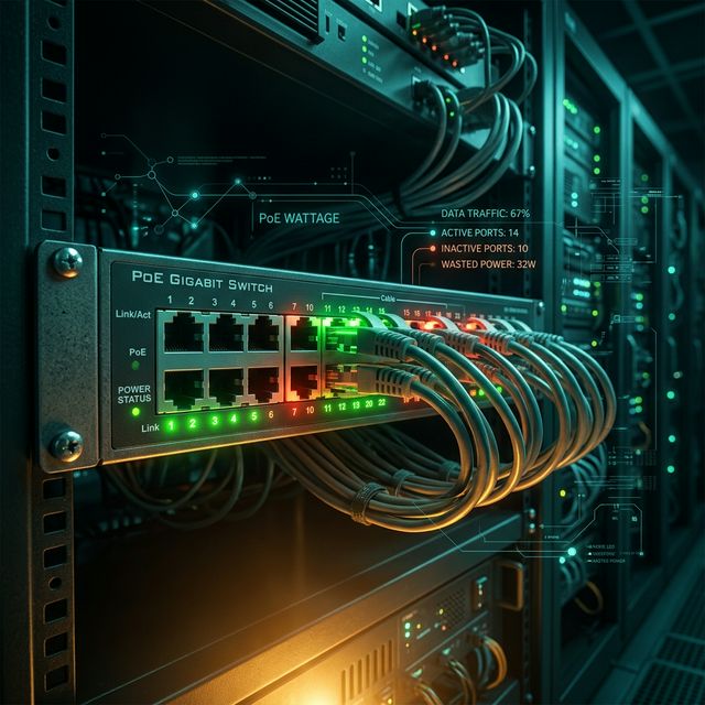 PoE switch with active and inactive port indicators