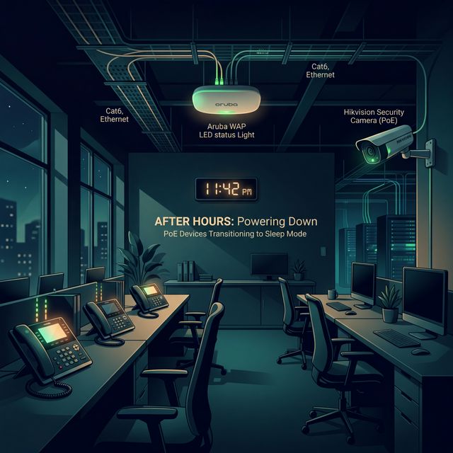 Office at night with PoE devices powering down