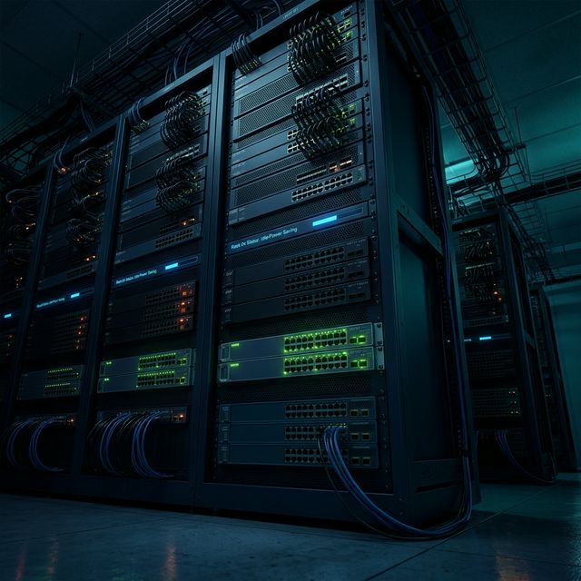 Dark server room with switches powering down